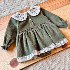 Set botez cu rochie Celeste cu guler din dantelă, bumbac reiat