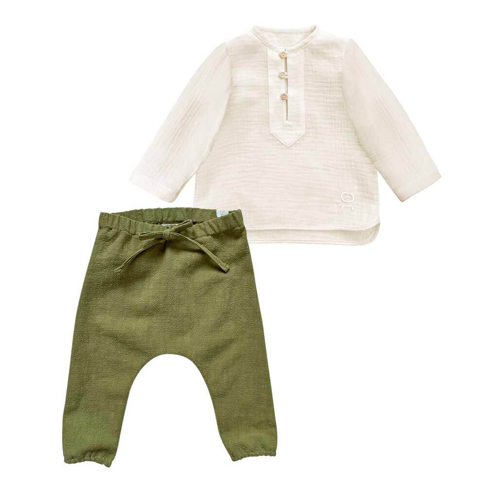 Set pentru bebelusi si copii format din pantaloni din in si camasa din muselina