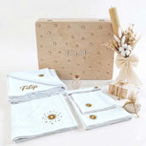 Trusou personalizabil pentru botez de iarna, din materiale naturale si cutie de lemn decorata cu numele bebelusului