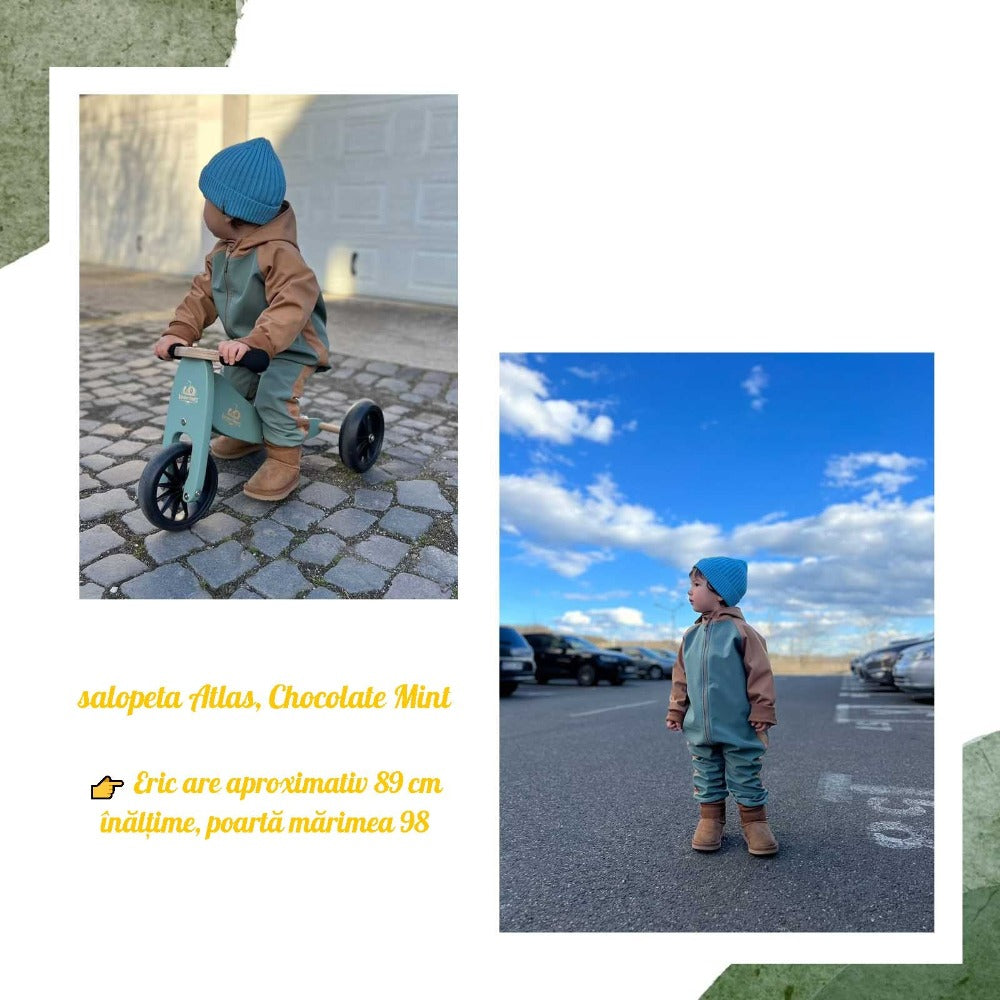 Baietel imbracat in Salopeta overall impermeabil si rezistent la frecare, pentru bebelusi si copii, Odiseea lui Artur. Culoare Chocolate Mint
