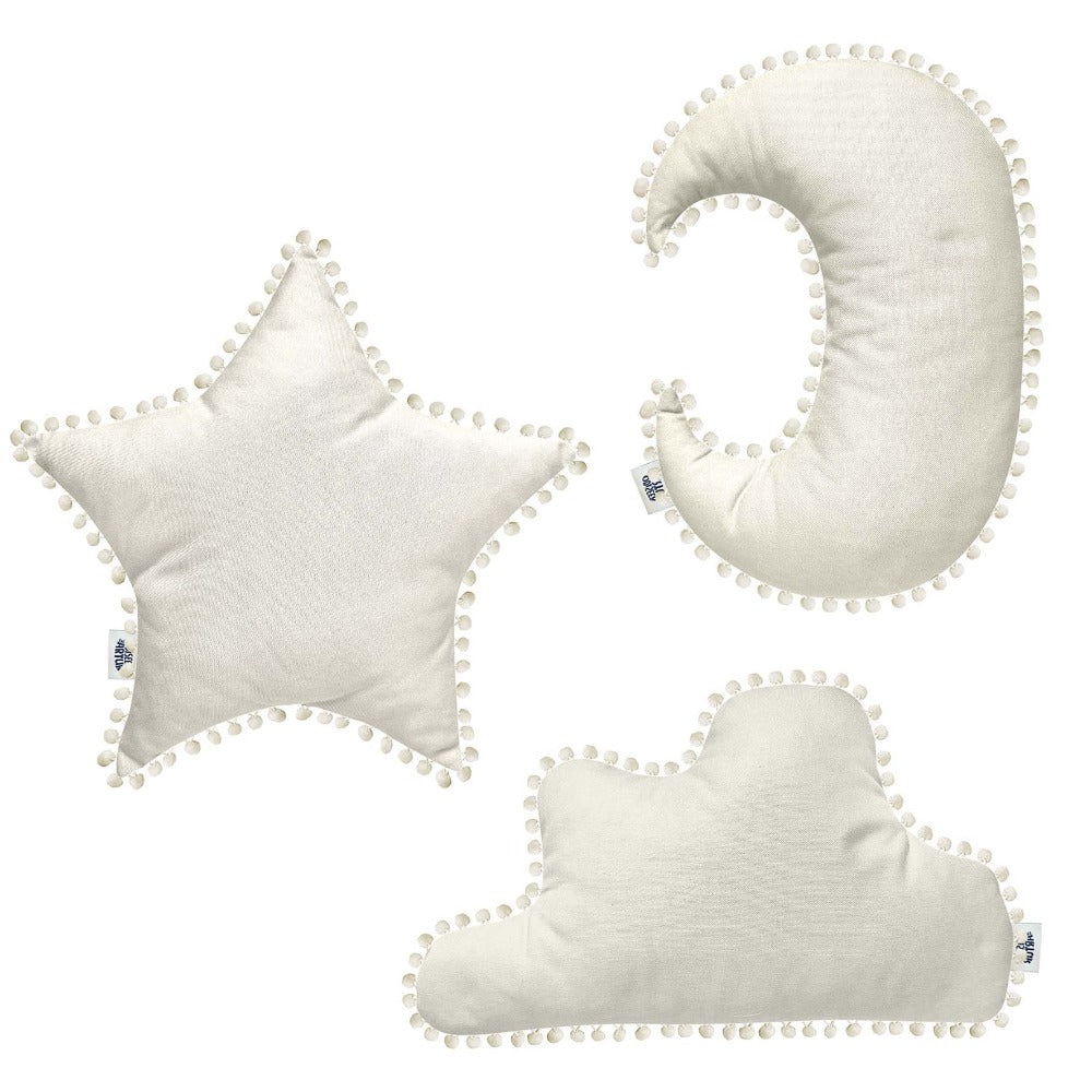 Set perne decorative din bumbac, cu ciucuri,  pentru camera copilului, forma de steluta, norisor si luna. Odiseea lui Artur