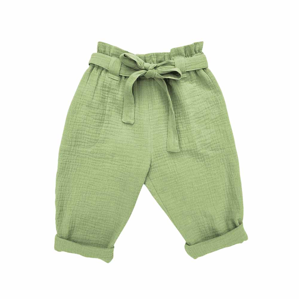 Pantaloni cu funda din muselina moale de bumbac pentru bebeluși și copii, Odiseea lui Artur. Culoare verde fistic