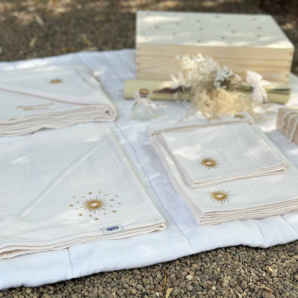 Trusou pentru botez format din patura personalizata, prosop, fasa, pnaza de mir, cutie din lemn, sticluta si sapun natural, marca Odiseea lui Artur