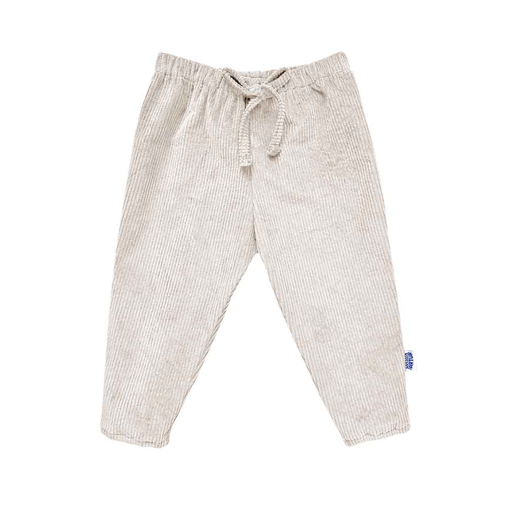 Pantaloni pentru bebelusi si copii, din bumbac reiat usor elastic, cu snur decorativ si talie elastica, model alb ecru