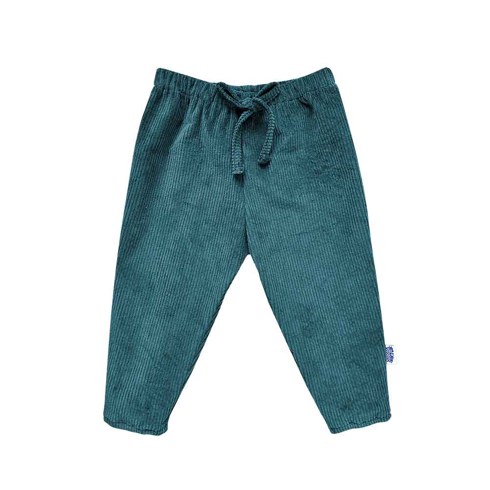 Pantaloni pentru bebelusi si copii, din bumbac reiat usor elastic, cu snur decorativ si talie elastica, albastru petrol