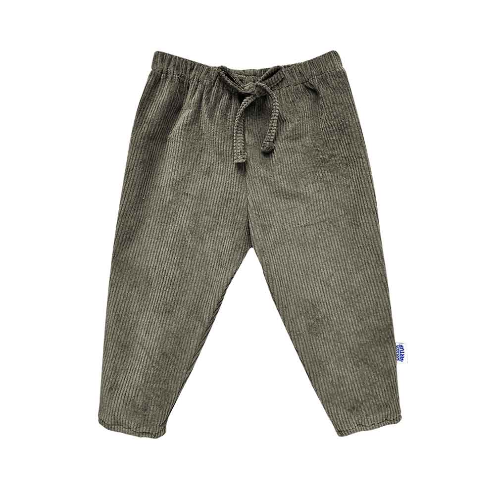 Pantaloni pentru bebelusi si copii, din bumbac reiat usor elastic, cu snur decorativ si talie elastica, kaki