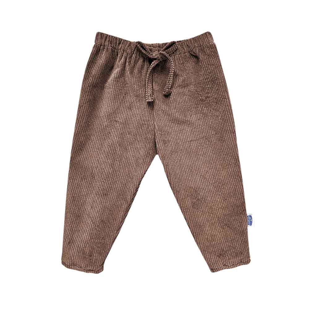 Pantaloni pentru bebelusi si copii, din bumbac reiat usor elastic, cu snur decorativ si talie elastica, maro