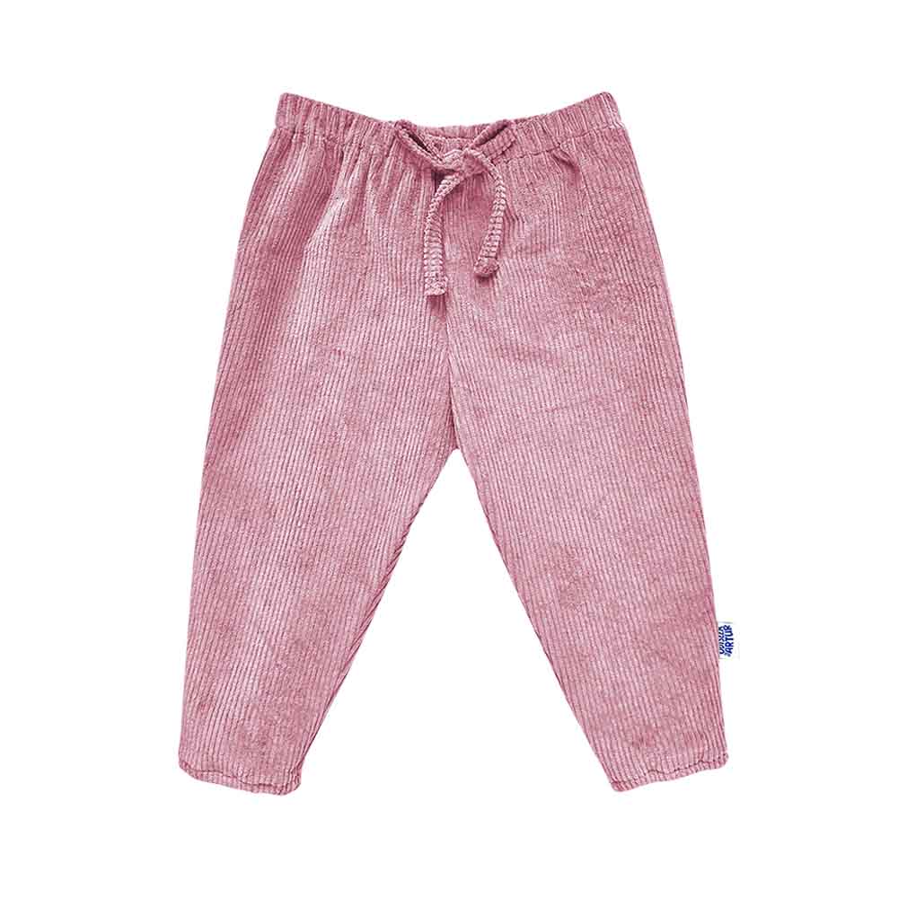 Pantaloni pentru bebelusi si copii, din bumbac reiat usor elastic, cu snur decorativ si talie elastica, model roz