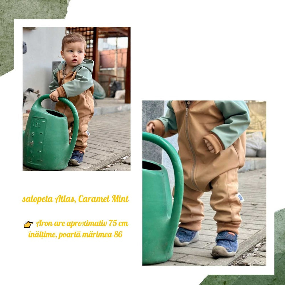 Salopeta overall impermeabil si rezistent la frecare, pentru bebelusi si copii, Odiseea lui Artur. Culoare caramel mint