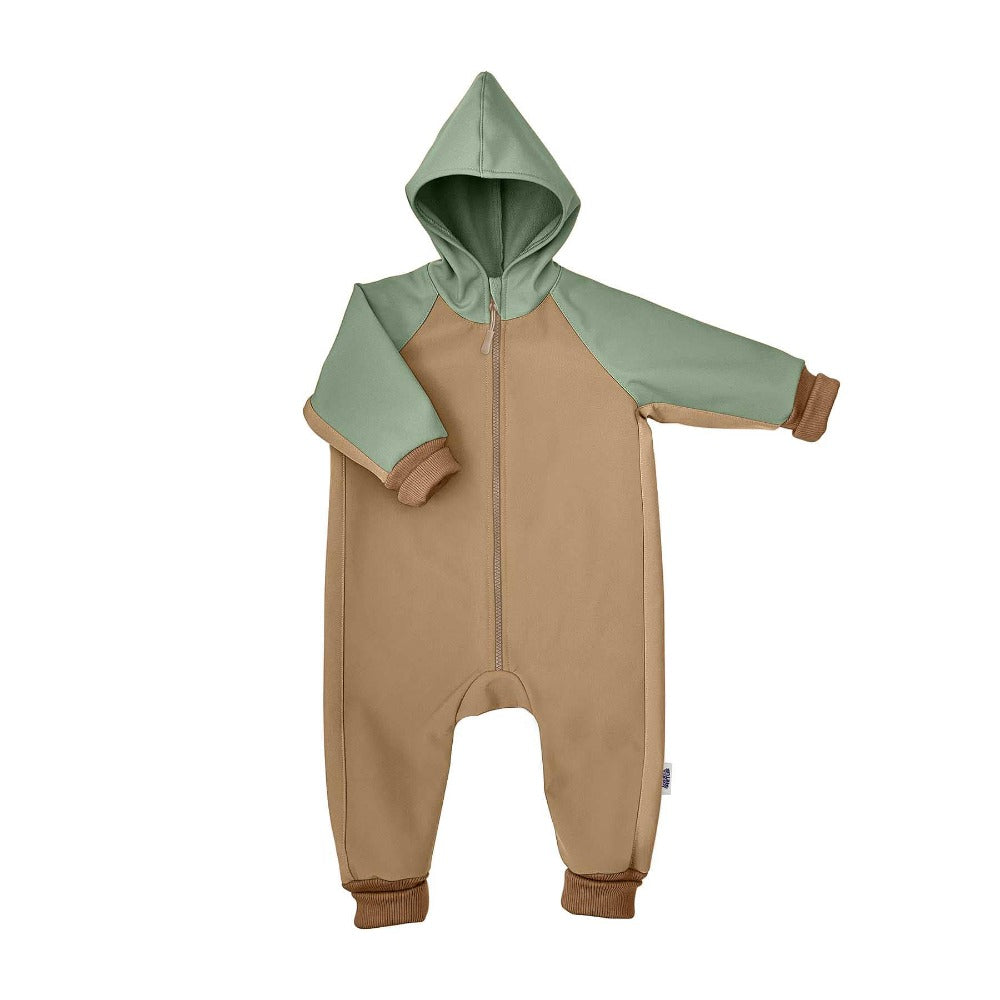 Salopeta overall impermeabil si rezistent la frecare, pentru bebelusi si copii, Odiseea lui Artur. Culoare caramel mint